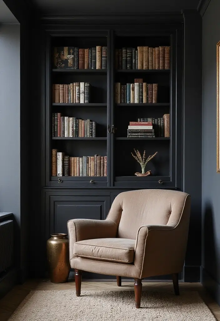 30 Black Bedroom Set Decor Ideas That Scream Luxury - 29. Personal Library Corner