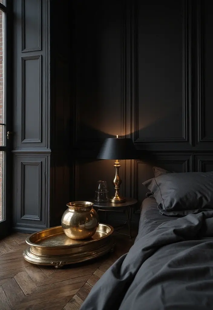 30 Black Bedroom Set Decor Ideas That Scream Luxury - 7. Subtle Metallic Accents