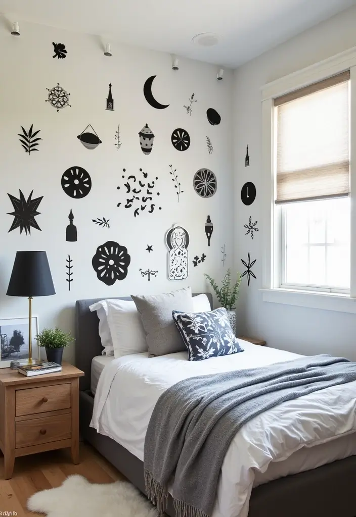 30 Black and White Bedroom Ideas for Teens That Are Bold & Balanced - 19. Fun Wall Decals