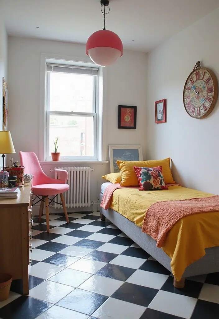 30 Black and White Bedroom Ideas for Teens That Are Bold & Balanced - 3. Checkerboard Flooring