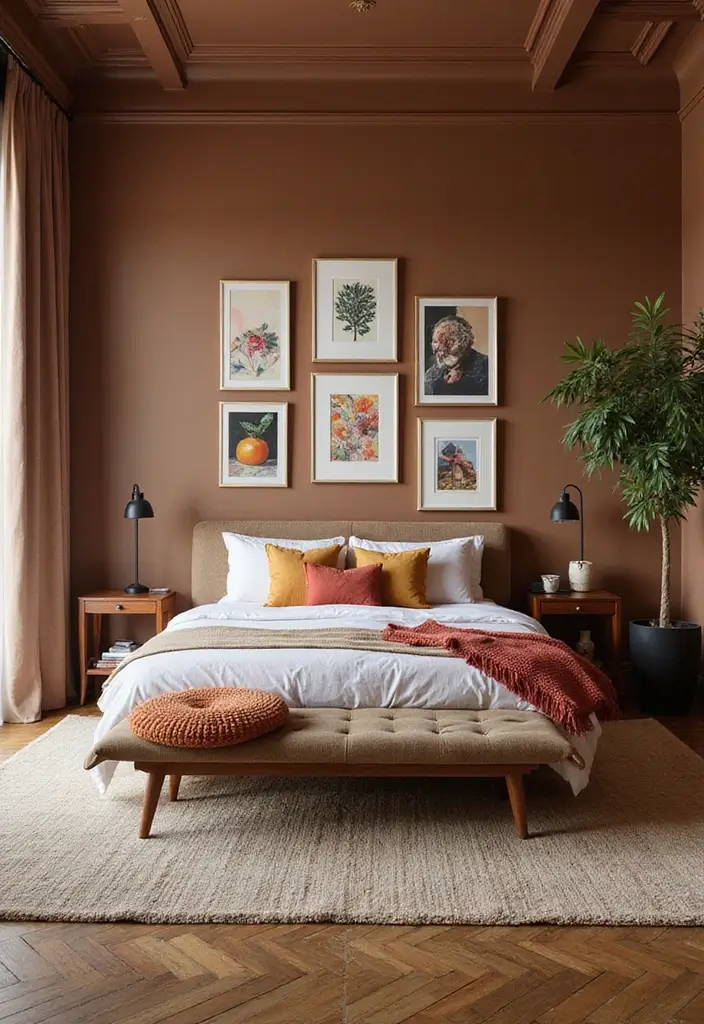 30 Brown Wall Bedroom Ideas That Bring Earthy Elegance - 11. Artistic Touches
