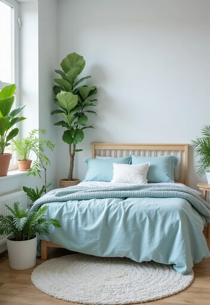 30 Light Blue Bedroom Ideas That Feel Airy Fresh & Serene - 10. Thoughtful Greenery