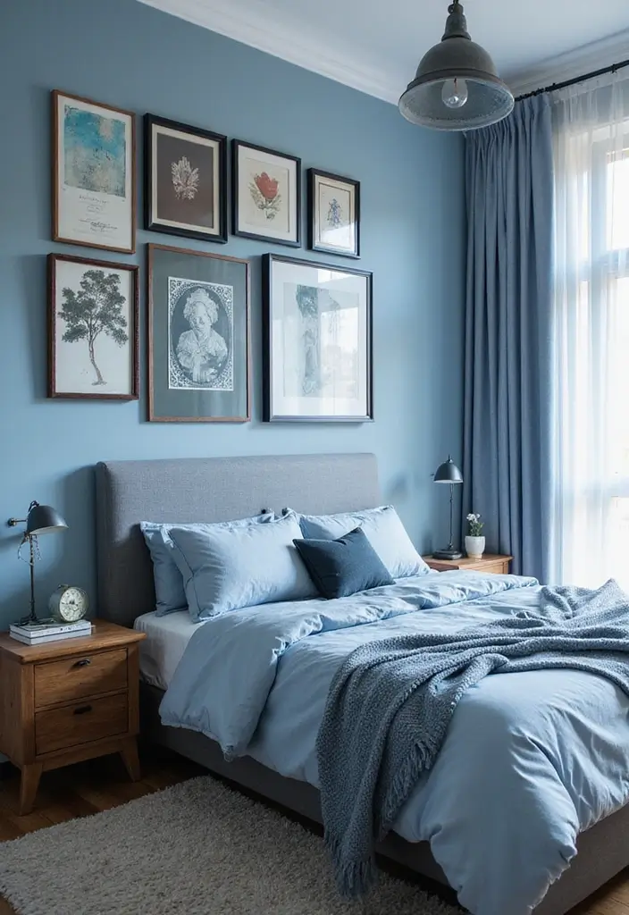 30 Light Blue Bedroom Ideas That Feel Airy Fresh & Serene - 18. Layered Wall Art
