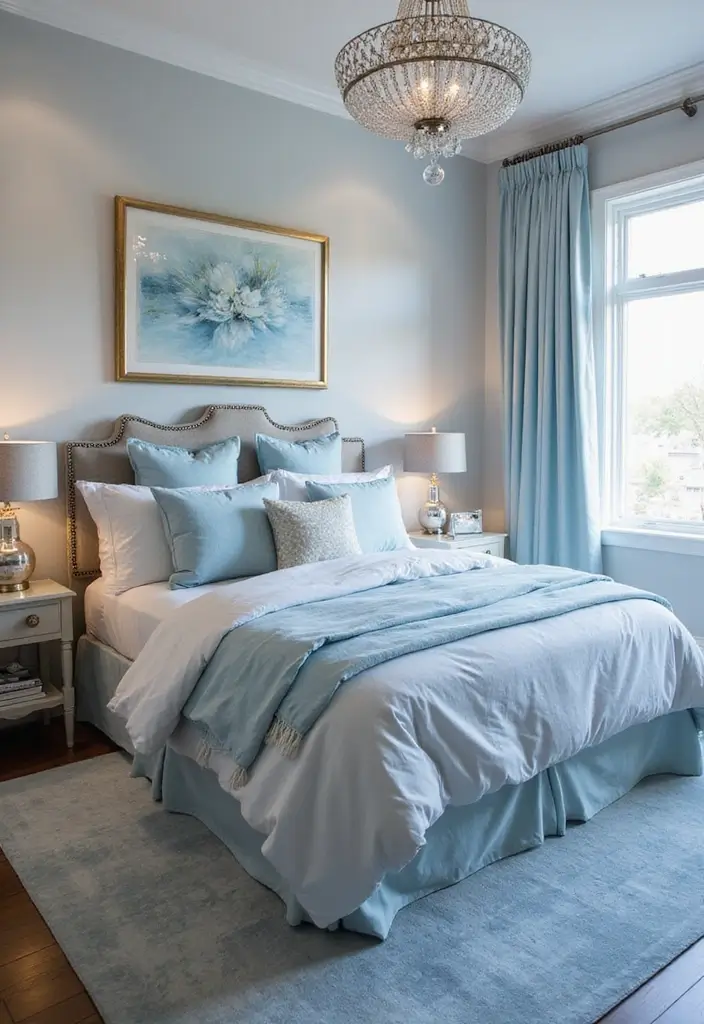 30 Light Blue Bedroom Ideas That Feel Airy Fresh & Serene - 23. Soft Glamor