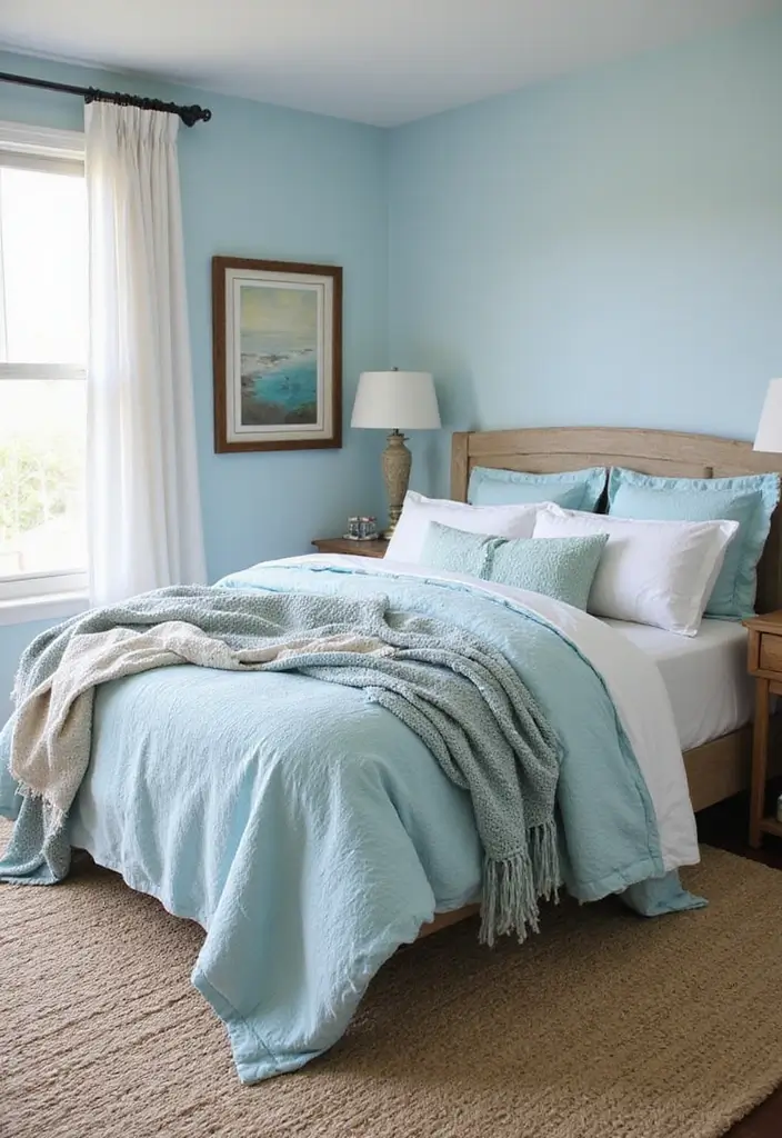 30 Light Blue Bedroom Ideas That Feel Airy Fresh & Serene - 7. Ocean-Inspired Textiles