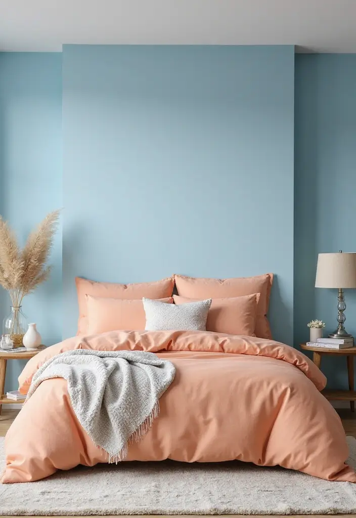 30 Peach Color Bedroom Ideas That Feel Fresh and Modern - 11. Peach and Blue Contrast