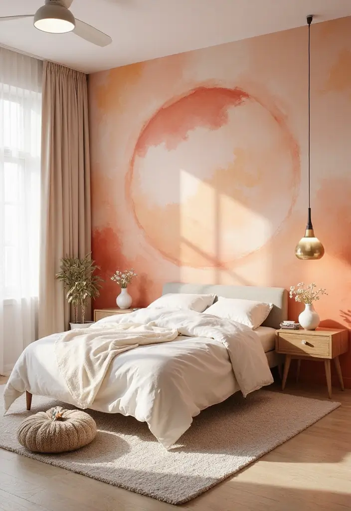 30 Peach Color Bedroom Ideas That Feel Fresh and Modern - 12. Artistic Peach Murals