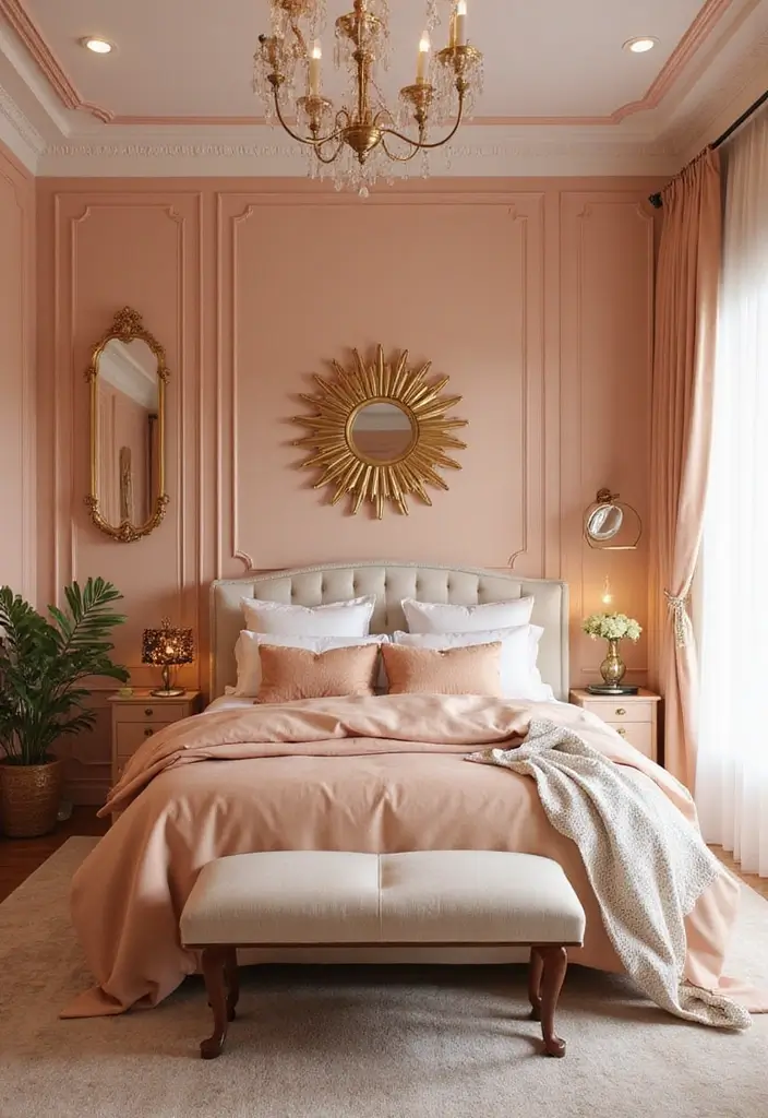 30 Peach Color Bedroom Ideas That Feel Fresh and Modern - 13. Peach and Gold Glam