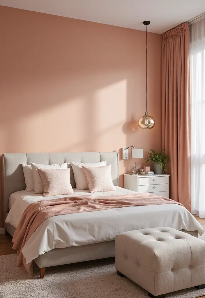30 Peach Color Bedroom Ideas That Feel Fresh and Modern - 15. Peach and Silver Accents