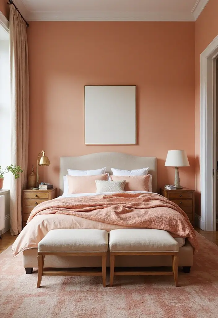 30 Peach Color Bedroom Ideas That Feel Fresh and Modern - 16. Layered Peach Colors