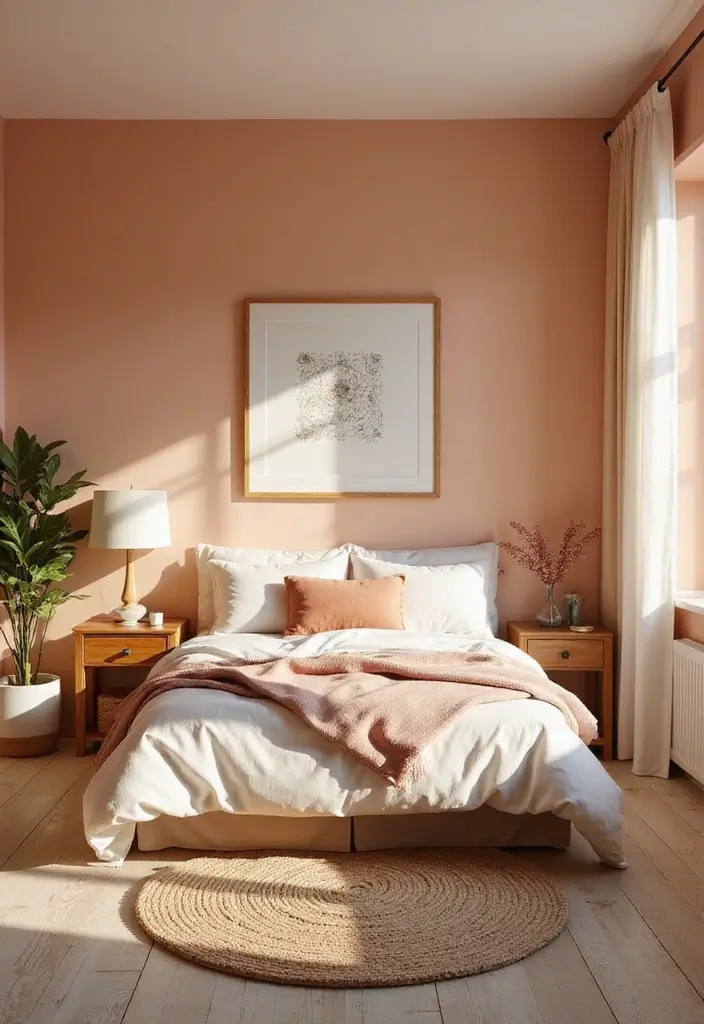 30 Peach Color Bedroom Ideas That Feel Fresh and Modern - 17. Peach and Wood Harmony