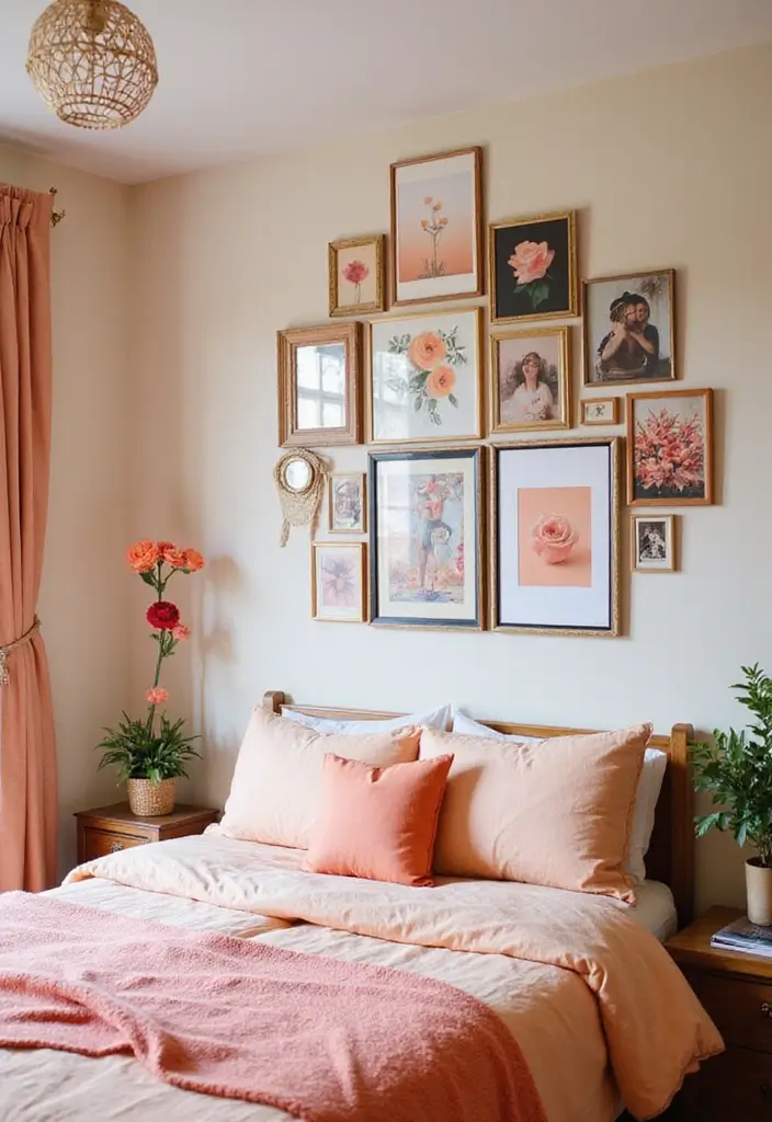 30 Peach Color Bedroom Ideas That Feel Fresh and Modern - 18. Peach-Inspired Gallery Wall