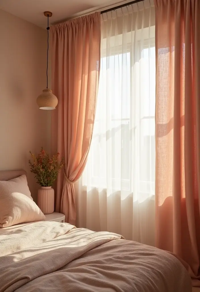 30 Peach Color Bedroom Ideas That Feel Fresh and Modern - 19. Textured Peach Curtains