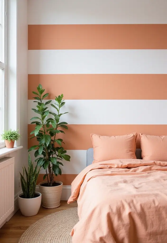 30 Peach Color Bedroom Ideas That Feel Fresh and Modern - 2. Peach and White Stripes