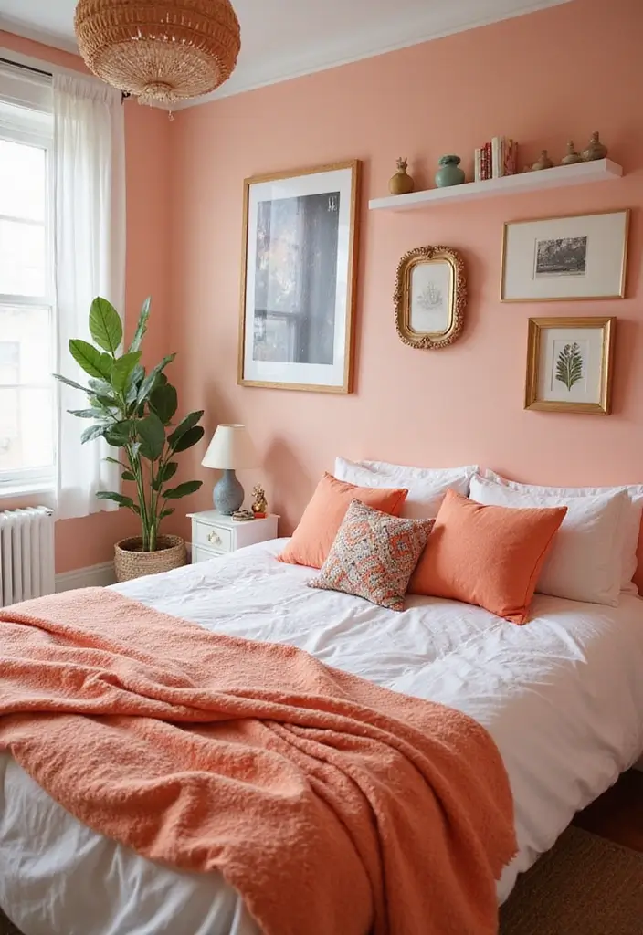 30 Peach Color Bedroom Ideas That Feel Fresh and Modern - 21. Playful Peach Accessories