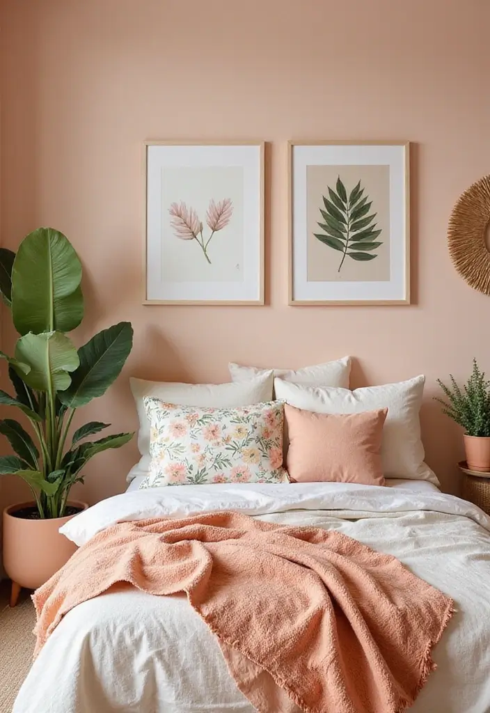 30 Peach Color Bedroom Ideas That Feel Fresh and Modern - 22. Peach and Botanical Themes