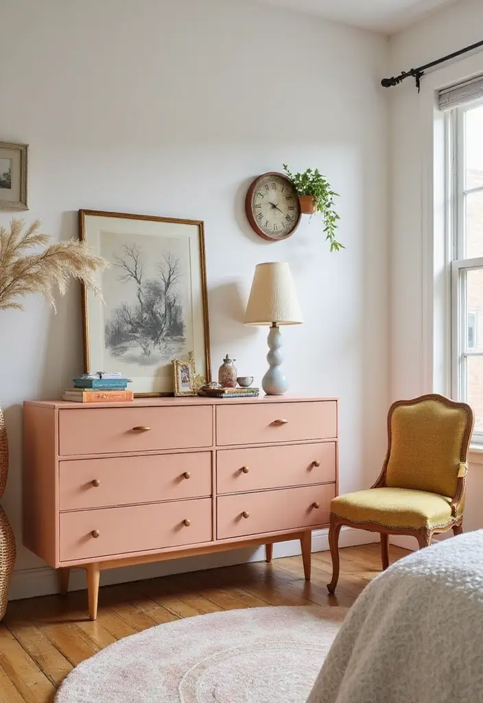 30 Peach Color Bedroom Ideas That Feel Fresh and Modern - 23. Vintage Peach Furniture