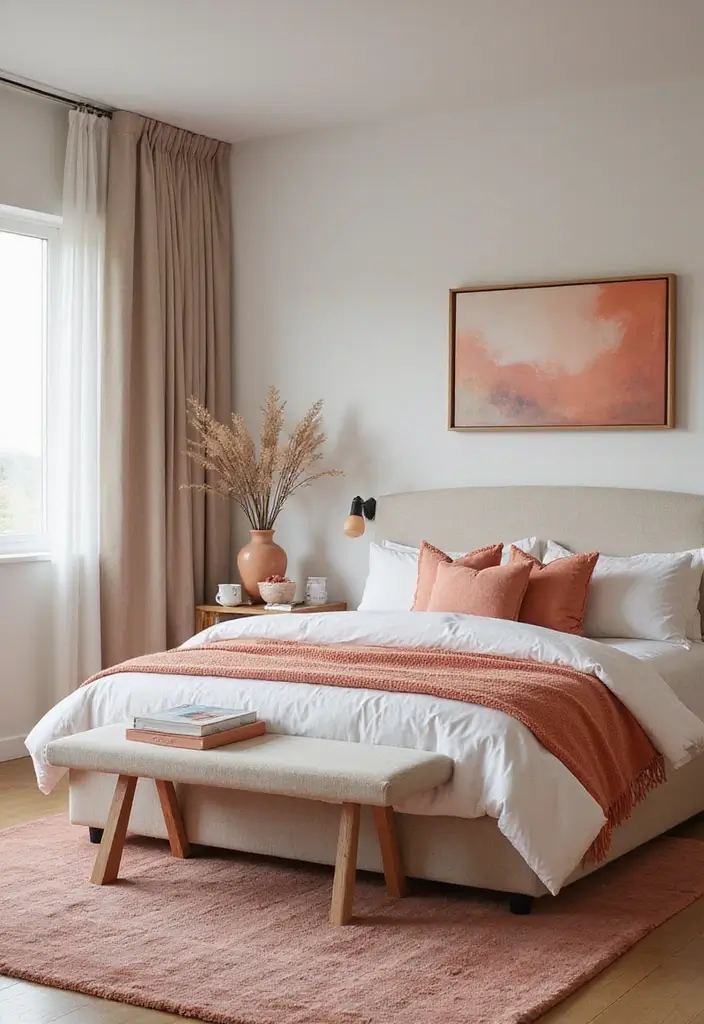 30 Peach Color Bedroom Ideas That Feel Fresh and Modern - 25. Peach Color Pop