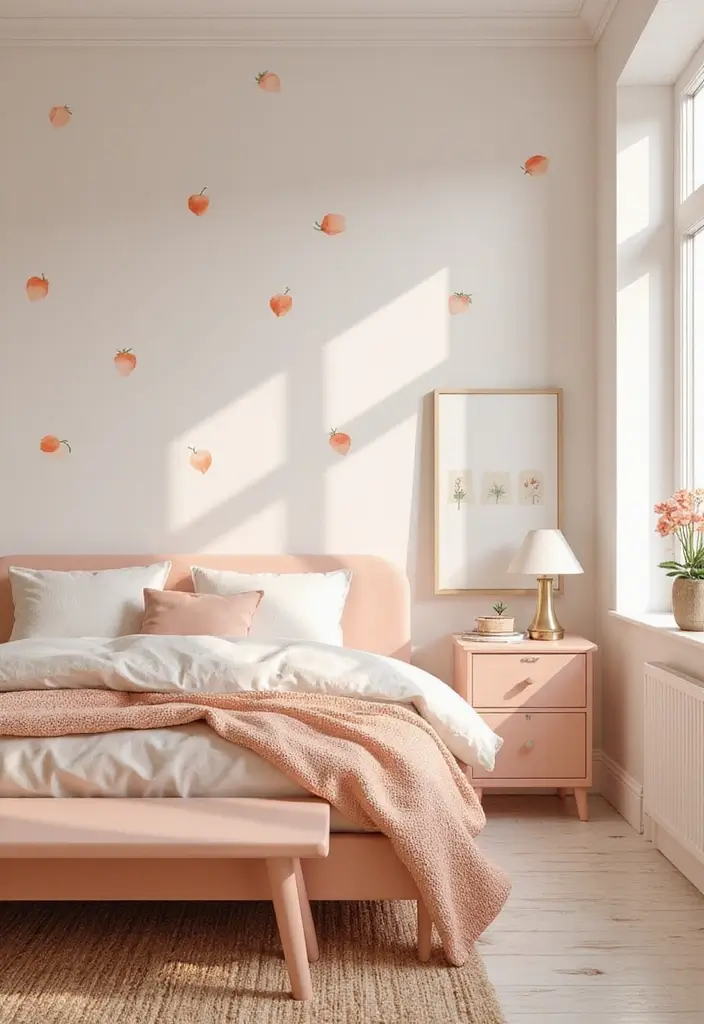 30 Peach Color Bedroom Ideas That Feel Fresh and Modern - 27. Peach-Inspired Wall Decals