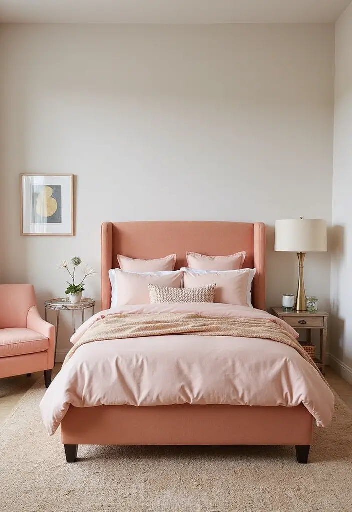30 Peach Color Bedroom Ideas That Feel Fresh and Modern - 29. Peach and Statement Furniture