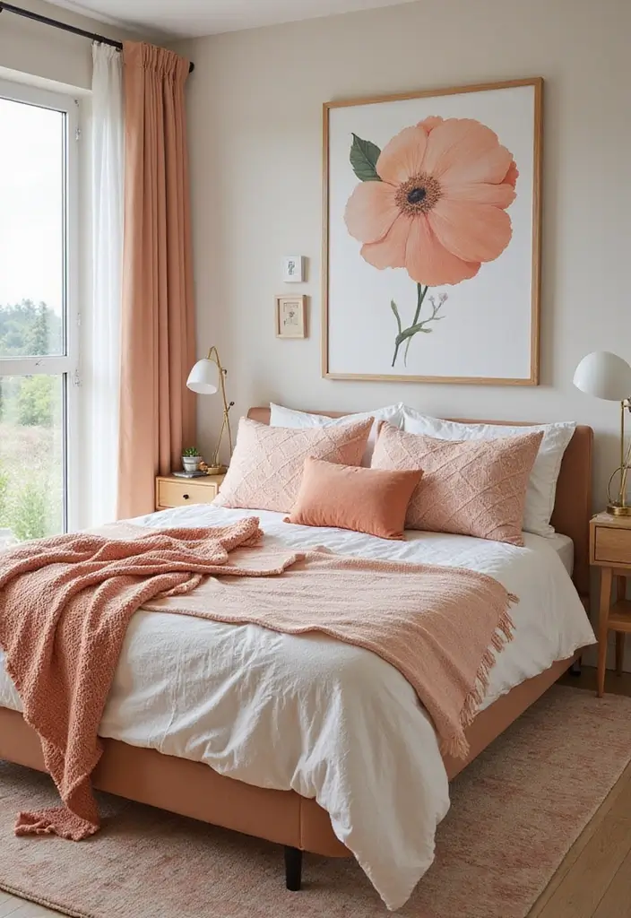 30 Peach Color Bedroom Ideas That Feel Fresh and Modern - 4. Modern Peach Textiles