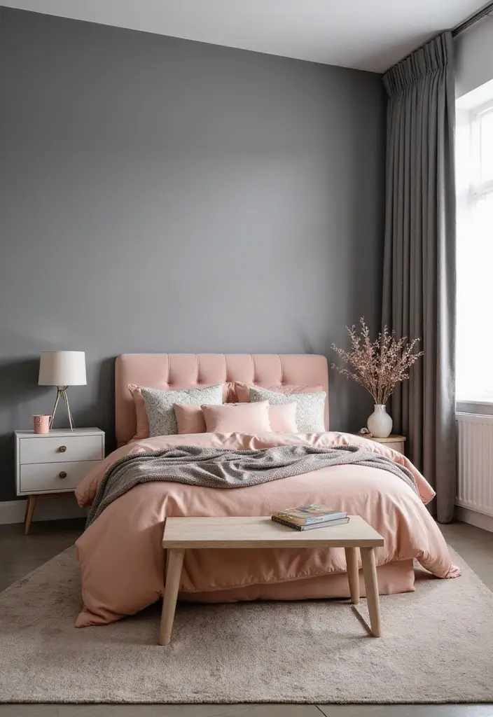 30 Peach Color Bedroom Ideas That Feel Fresh and Modern - 5. Peach and Gray Combo