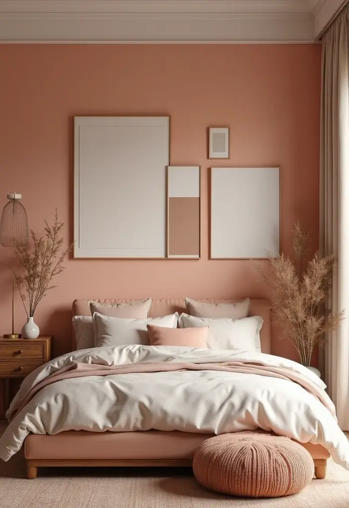 30 Peach Color Bedroom Ideas That Feel Fresh and Modern - 7. Peach Statement Wall Art