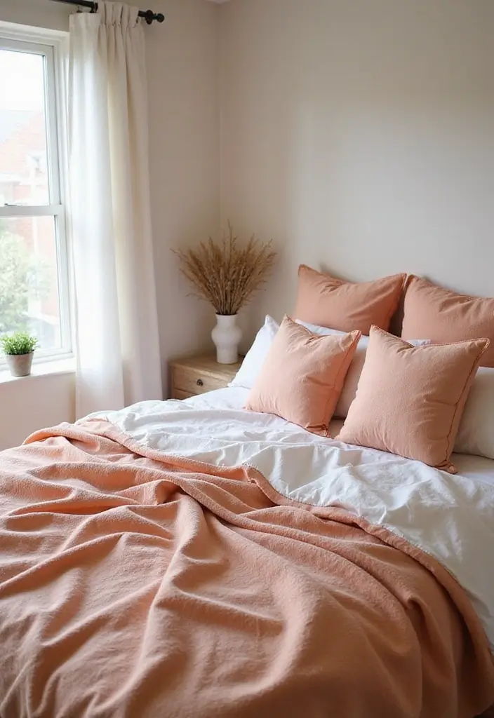 30 Peach Color Bedroom Ideas That Feel Fresh and Modern - 8. Cozy Peach Bedding