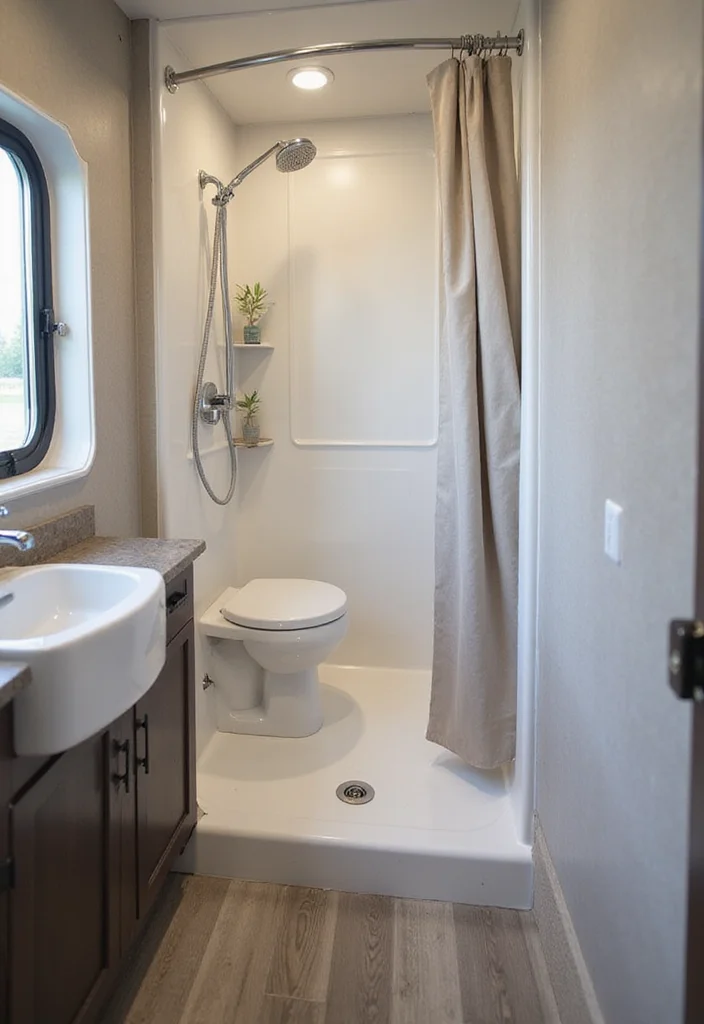 12 Small Camper Bathrooms With Smart Layouts - 4. Shower and Toilet Combo