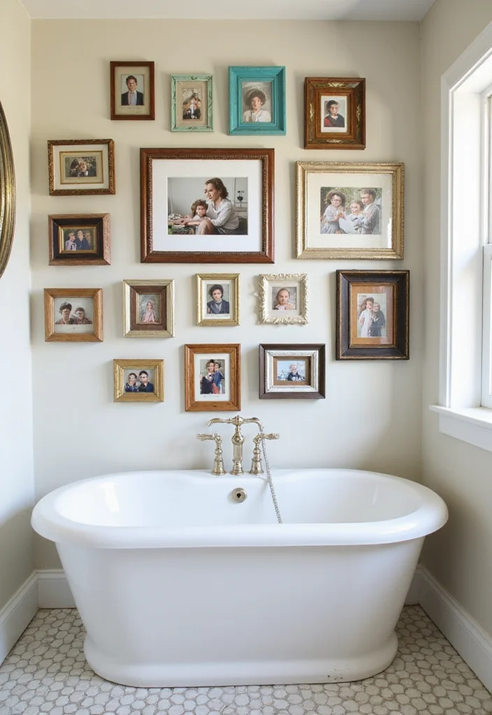 14 Bathroom Photo Wall Ideas for a Personal Touch - 10. Upcycled Frames