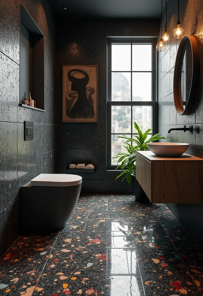 14 Black Tile Bathroom Floor Ideas for Bold Style - 10. Black Terrazzo Tiles