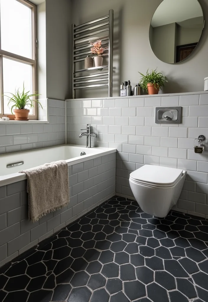 14 Black Tile Bathroom Floor Ideas for Bold Style - 11. Black Hexagonal Tiles