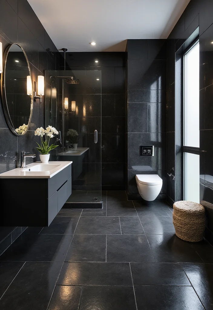14 Black Tile Bathroom Floor Ideas for Bold Style - 2. Glossy Black Ceramic Tiles