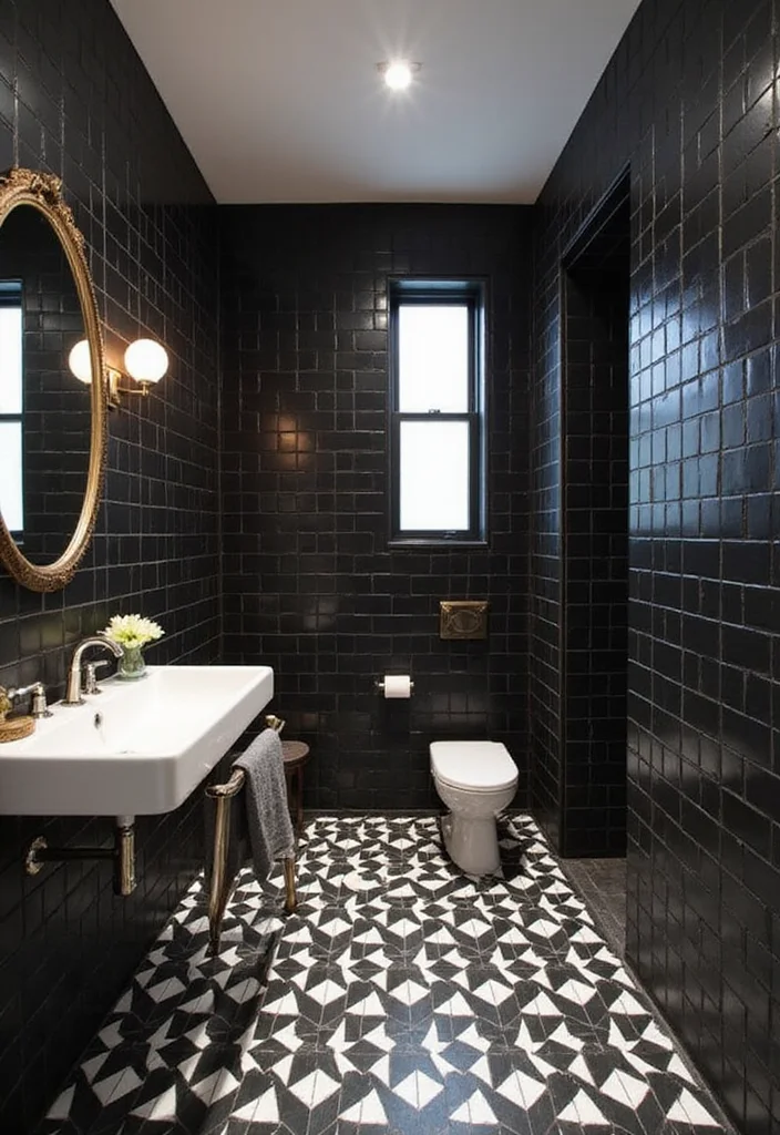 14 Black Tile Bathroom Floor Ideas for Bold Style - 4. Geometric Patterned Black Tiles