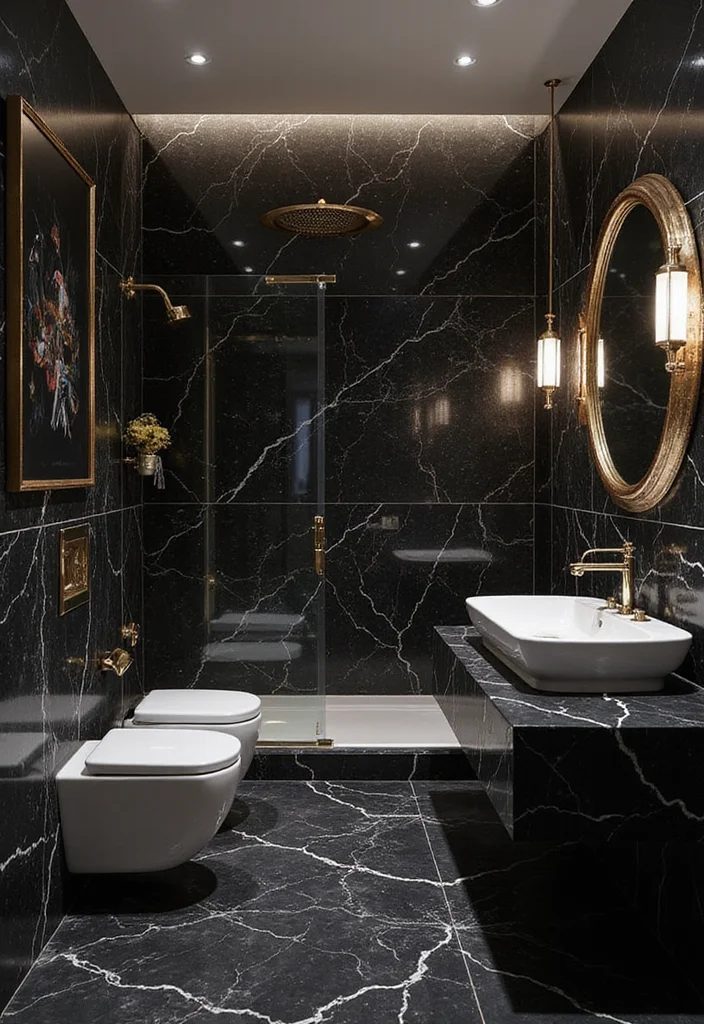 14 Black Tile Bathroom Floor Ideas for Bold Style - 5. Black and White Marble Effect