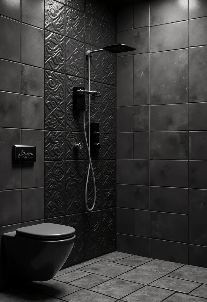 14 Black Tile Bathroom Floor Ideas for Bold Style - 6. Textured Black Tiles