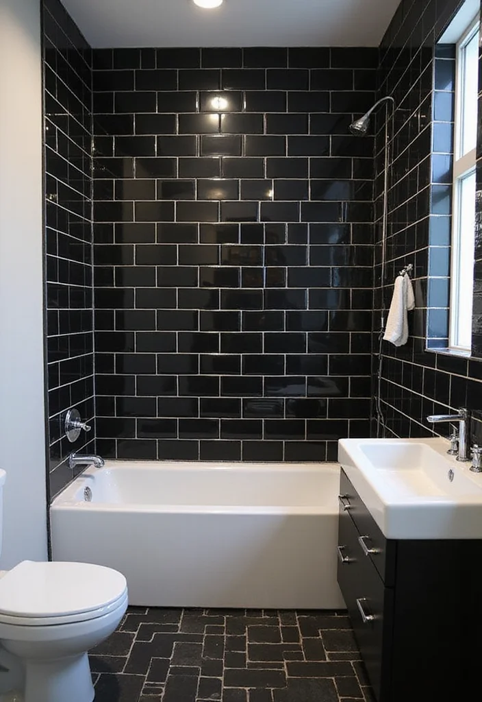 14 Black Tile Bathroom Floor Ideas for Bold Style - 7. Subway Tile in Black