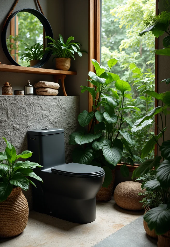 14 Black Toilet Bathroom Design Inspirations - 3. Nature-Inspired Oasis