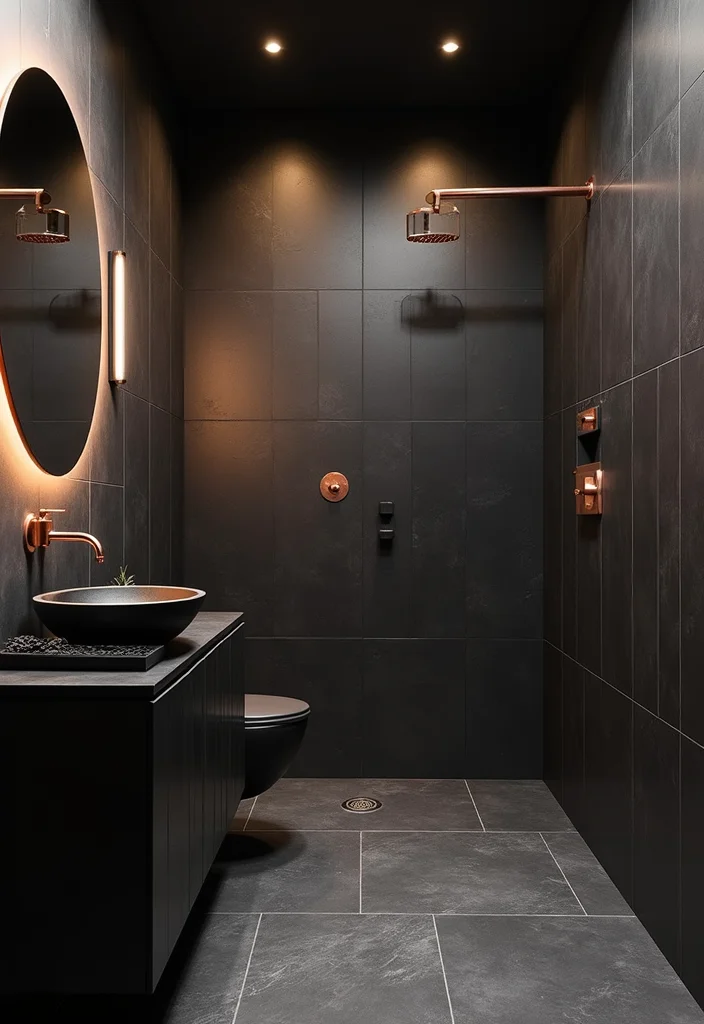 14 Black and Copper Bathroom Design Ideas - 1. Sleek Black Tiles