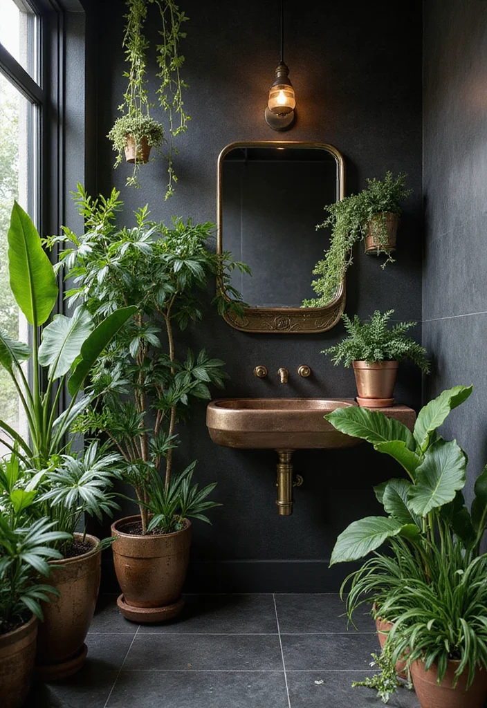 14 Black and Copper Bathroom Design Ideas - 10. Greenery in the Bathroom