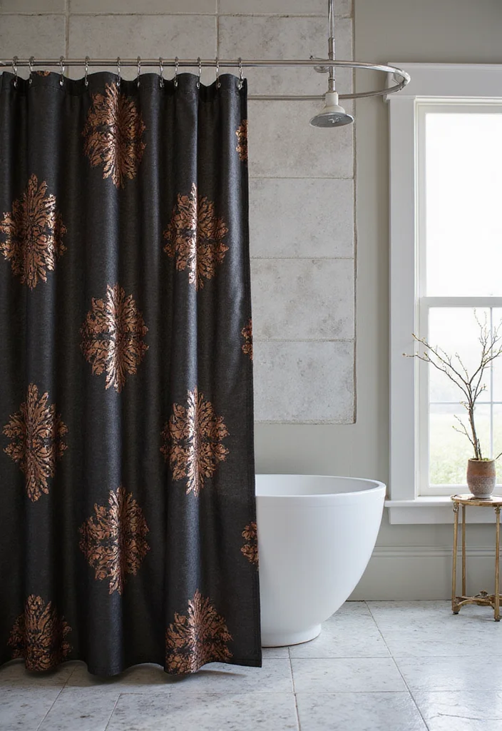 14 Black and Copper Bathroom Design Ideas - 11. Unique Shower Curtains