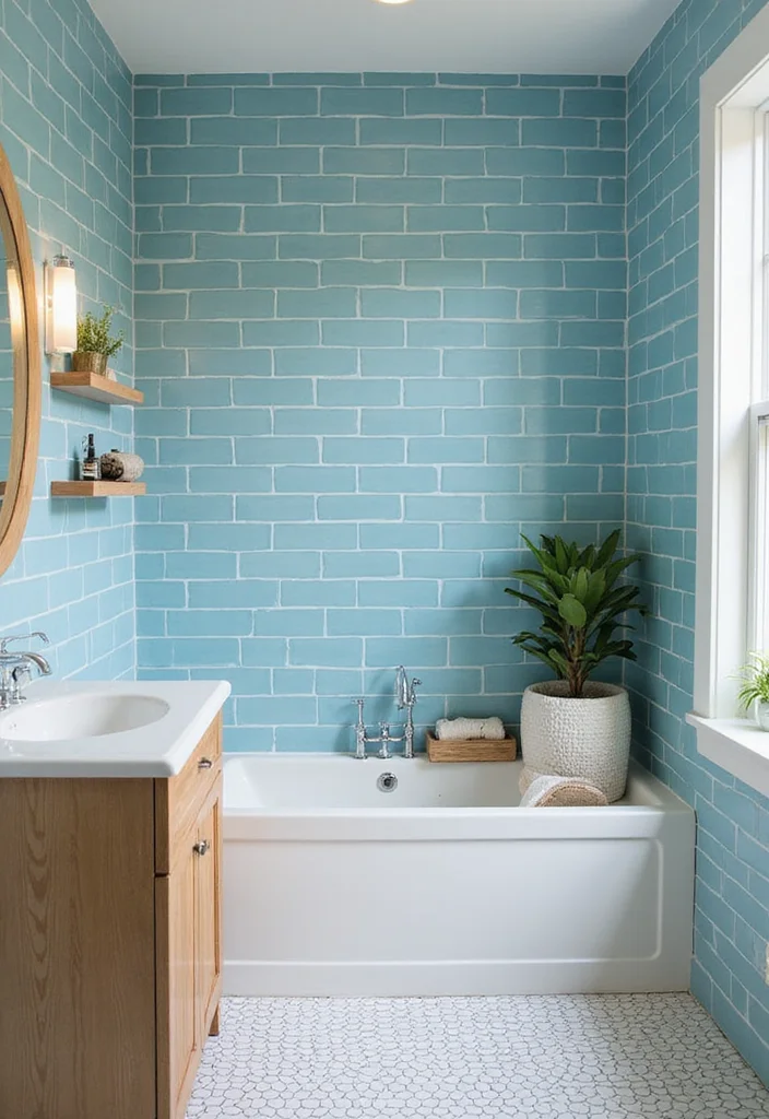14 Blue Bathroom Tile Ideas for Fresh Vibes - 1. Ocean Blue Subway Tiles