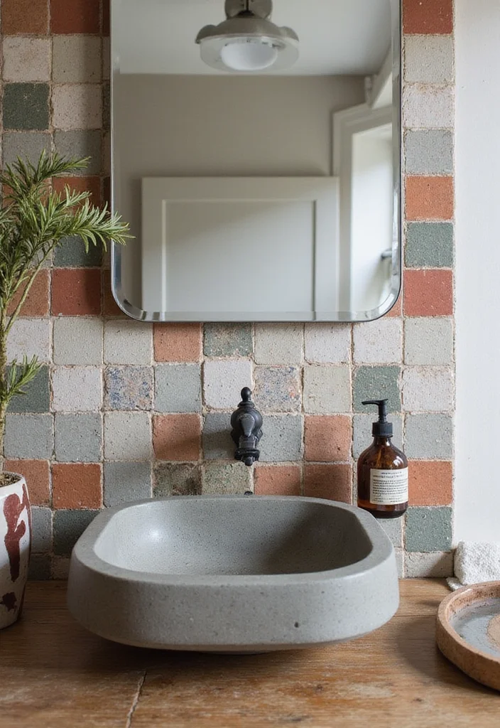 14 Cement Sink Bathroom Ideas for Modern Homes - 11. Cement Sink with Accent Tiles