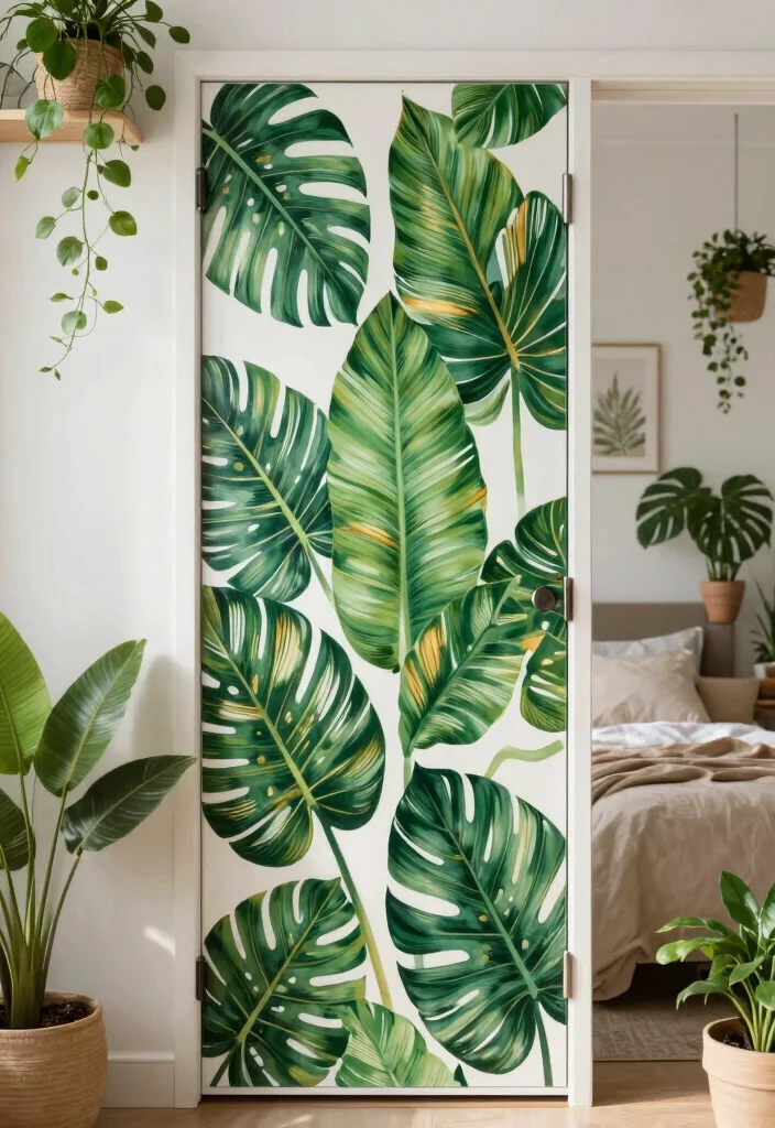 14 Closet Door Painting Ideas For Aesthetic Bedrooms - 1. Tropical Leaves for a Fresh Look