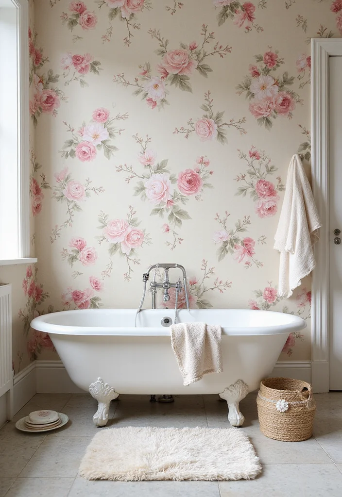 14 Coquette Bathroom Decor Ideas With Soft Aesthetic - 1. Pastel Floral Wallpaper