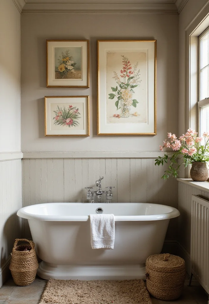 14 Coquette Bathroom Decor Ideas With Soft Aesthetic - 10. Vintage Wall Art