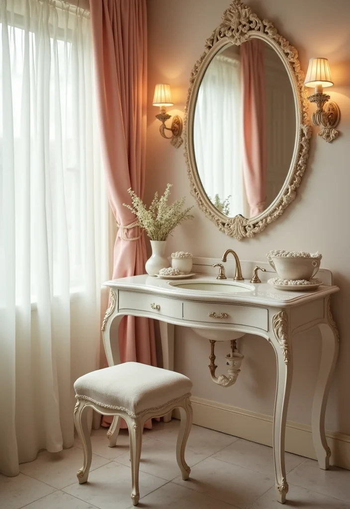 14 Coquette Bathroom Decor Ideas With Soft Aesthetic - 2. Vintage Vanity