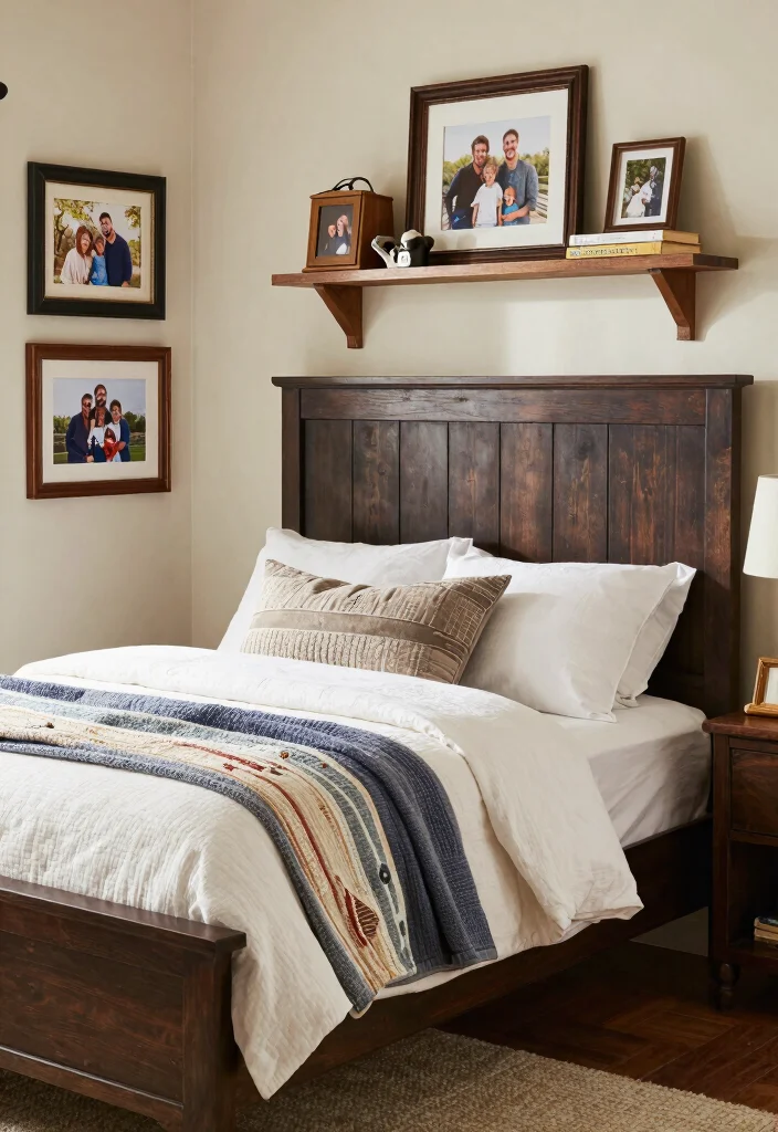 14 Dark Brown Bed Frame Farmhouse Bedroom Ideas With Rustic Warmth - 10. Personalized Touches with Decor
