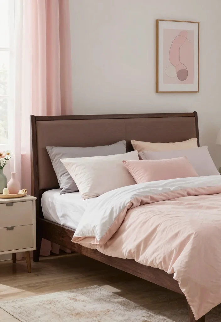 14 Dark Brown Bed Frame Farmhouse Bedroom Ideas With Rustic Warmth - 11. Incorporating Soft Pastel Accents