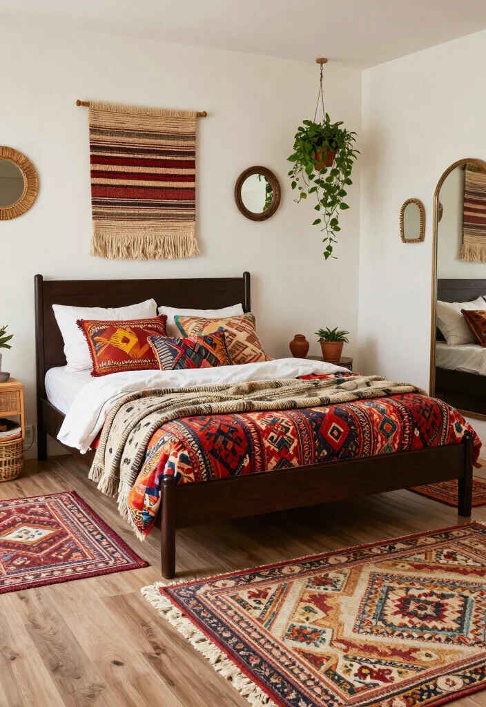 14 Dark Brown Bed Frame Farmhouse Bedroom Ideas With Rustic Warmth - 12. A Touch of Boho with Dark Wood